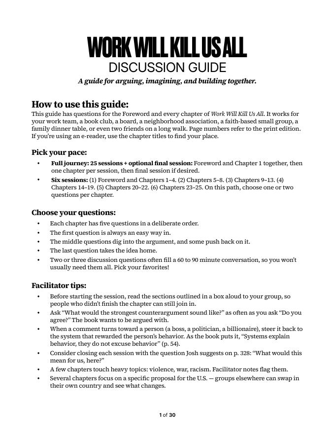 First page of the Work Will Kill Us All Discussion Guide
