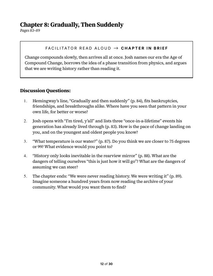 A chapter page from the Discussion Guide: a read-aloud brief and five questions