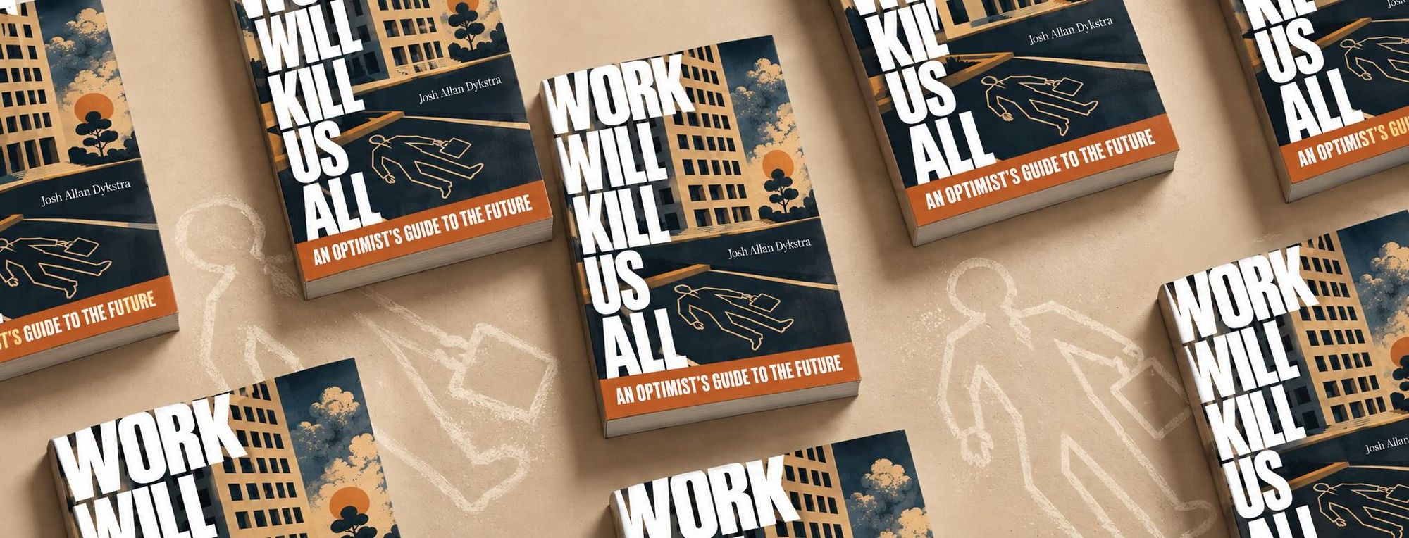 Rows of Work Will Kill Us All covers laid over chalk body outlines